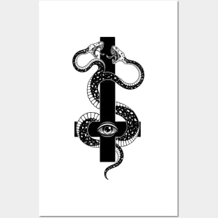 inverted cross. satanic two-headed serpent Posters and Art